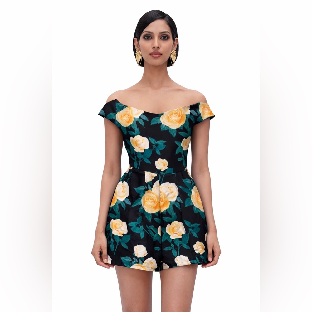 Andrea Iyamah Floral Off-Shoulder Romper • Black & Yellow Roses • Size S💚💛